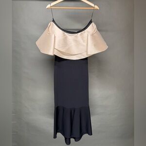 Sachin & Babi Black & Ivory Off-Shoulder Ruffle Midi Dress | Size M